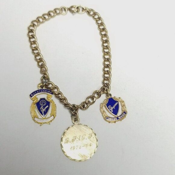 Vintage Jaycees Gold Filled Blue Enamel Charm Bracelet, 1960s Engraved, Estate - Picture 2 of 10